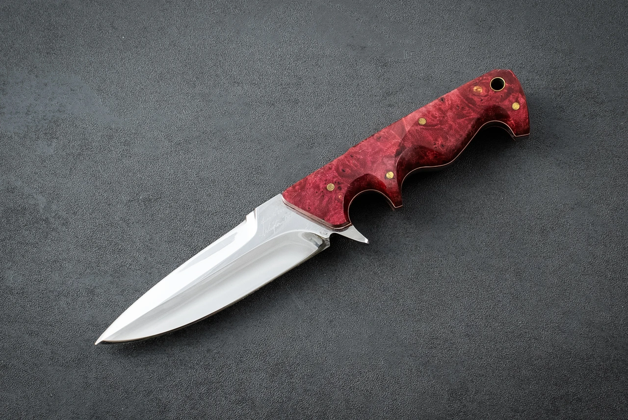 Rod Chappel Defense Knife S/N 1 Mirror Polished Blade w/ Red Burl Handle and Leather Sheath 