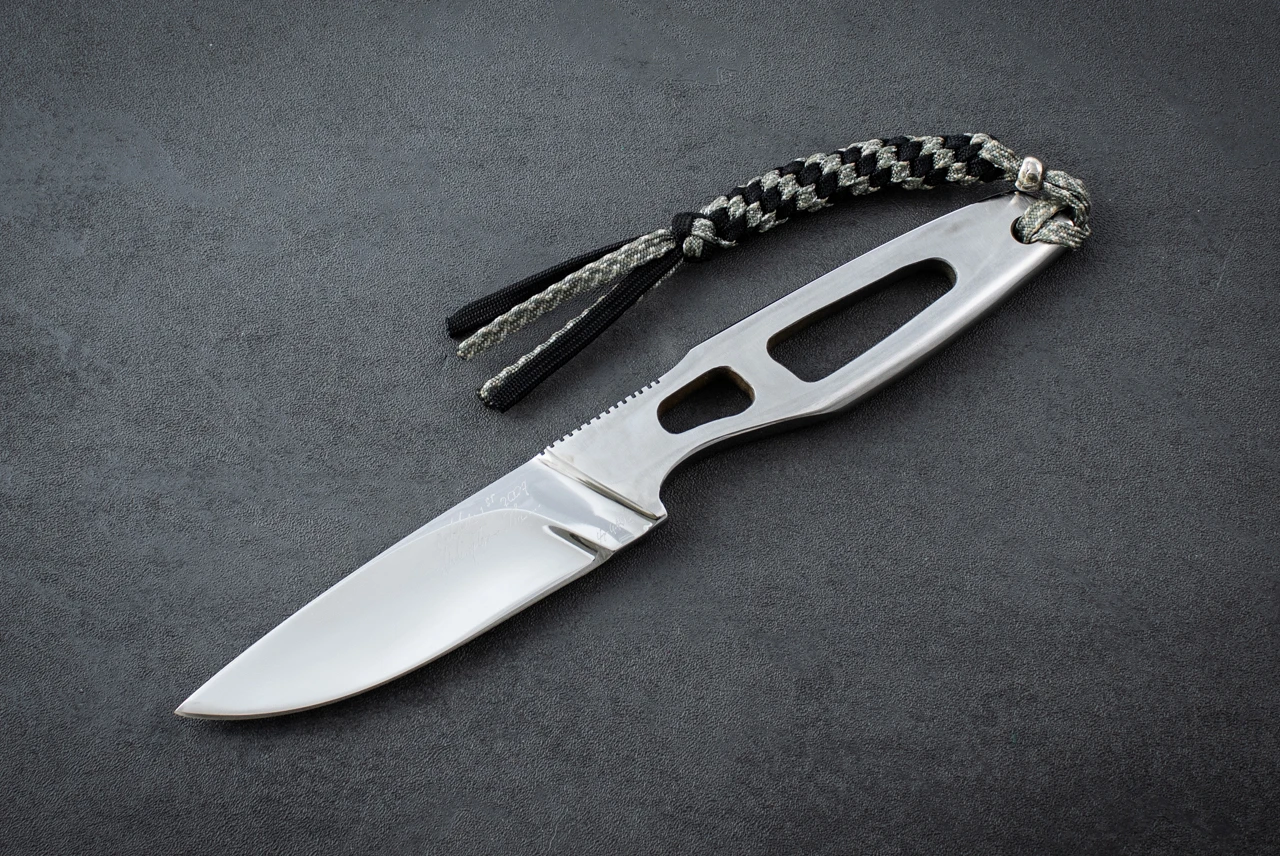 Rod Chappel Shadow Fox S/N 1 Mirror Polished Blade w/ Skeletonized Handle and Leather Sheath 