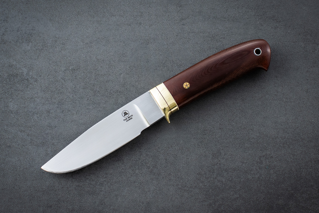 Tom Mayo Drop Point Hunter Satin Blade w/ Linen Micarta and Leather Sheath