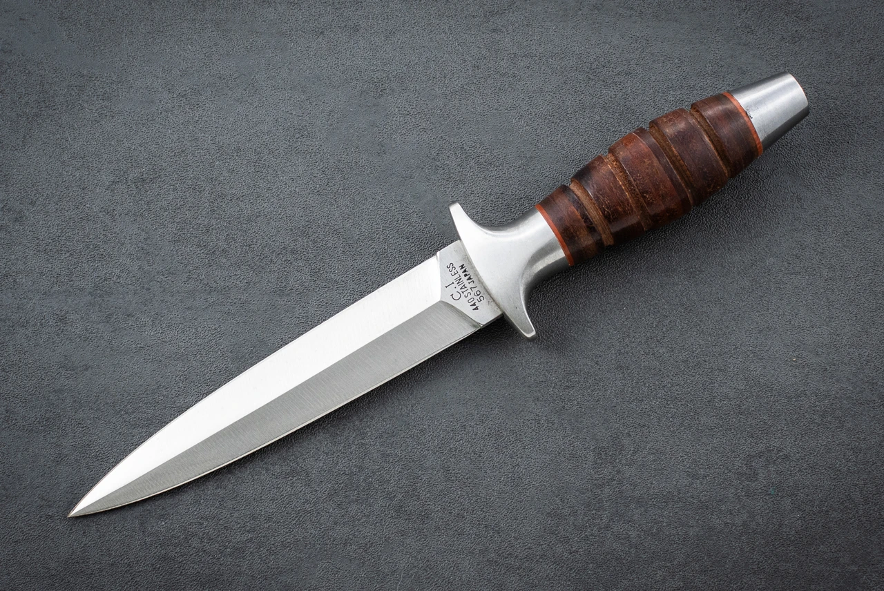 Takao Fukuta C.I. Commando Boot Knife Polished Blade w/ Stacked Brown Leather Handle and Custom Kydex