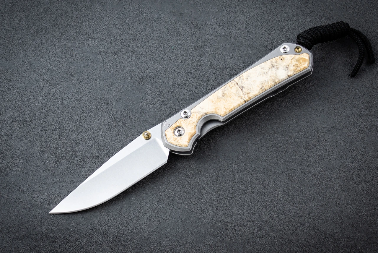 Chris Reeve Knives Skiff Mod Small Sebenza 31 Drop Point MagnaCut Stonewash Blade w/ Zirblast Titanium Handle and Box Elder Inlays - Single Gold Thumb Lug