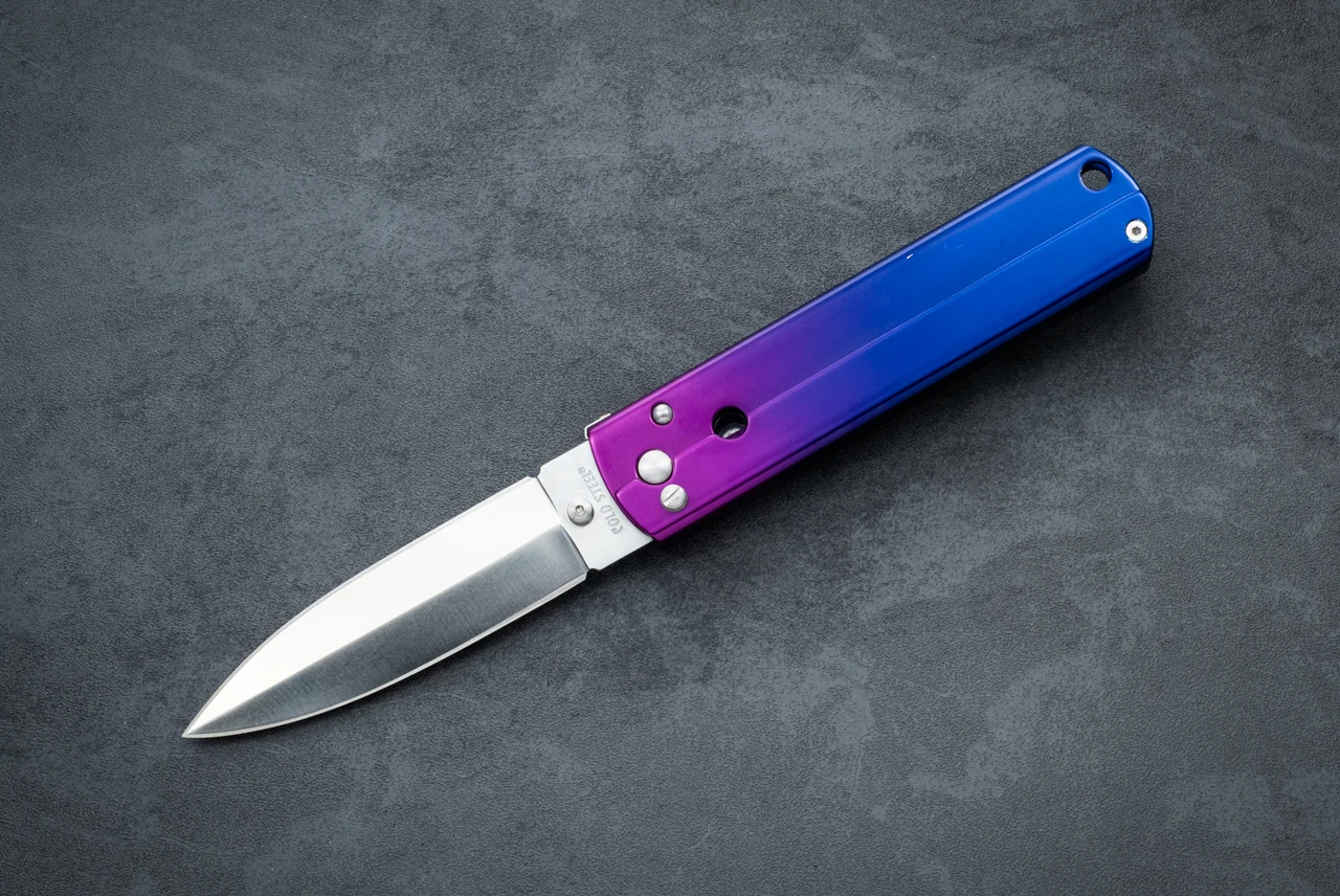 Cold Steel Triple Action Folding Knife Spear Point Satin Blade and Purple / Blue Aluminum Handle