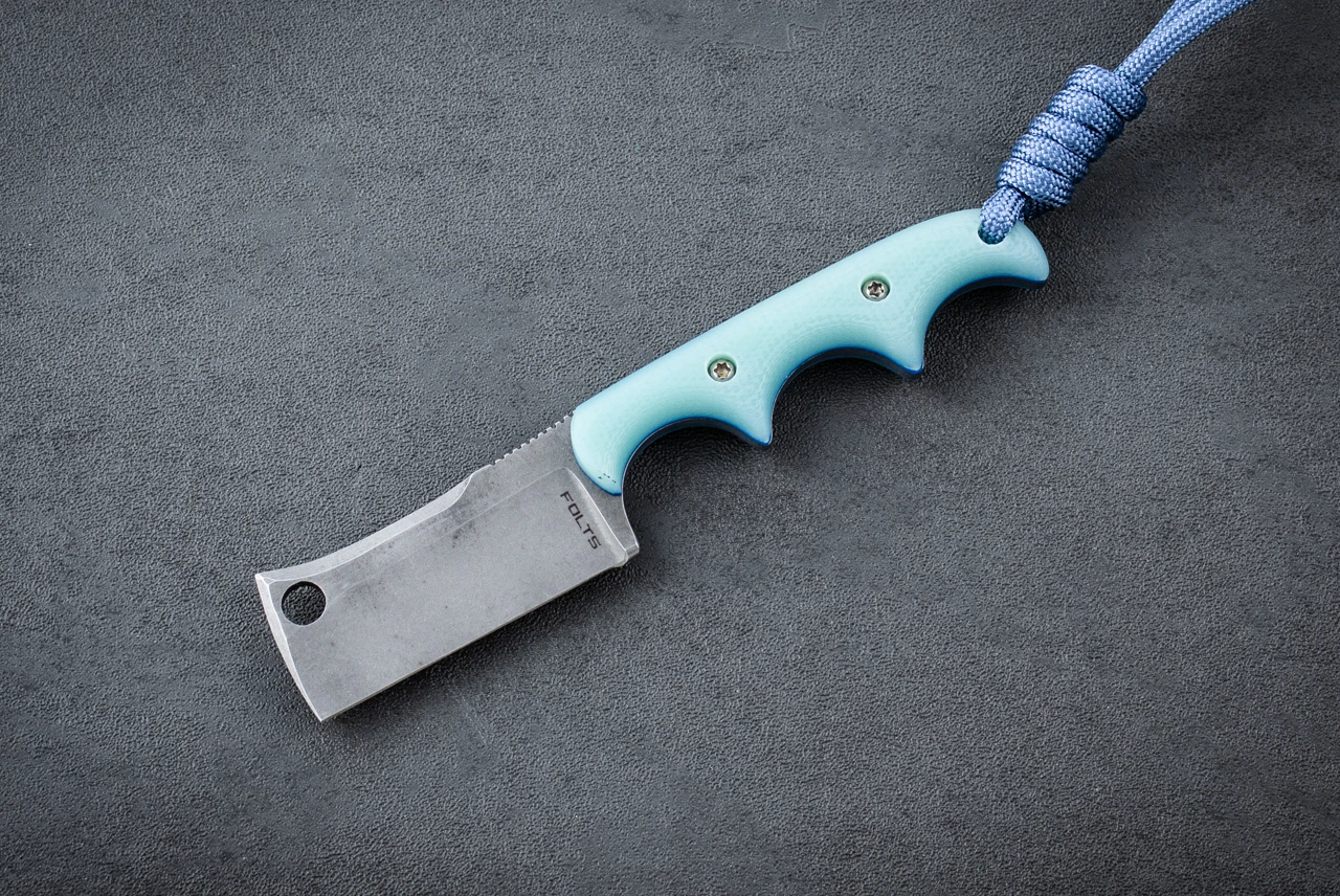 Alan Folts Minimalist Fixed Blade Knife Cleaver Tumbled w/ Blue Glass G-10 Handle and Sheath