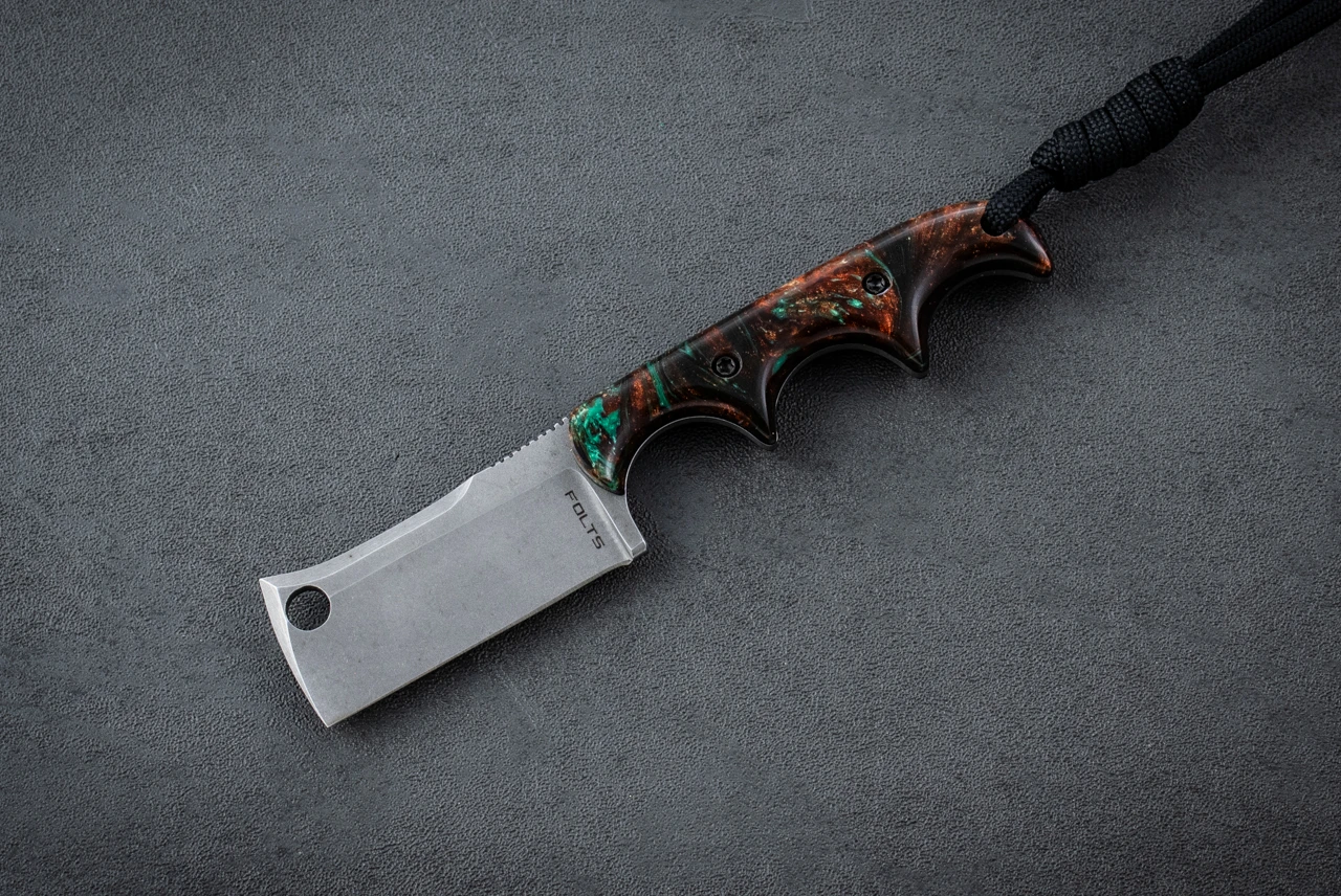 Alan Folts Minimalist Fixed Blade Knife Cleaver Tumbled w/ Green / Copper Acrylic Handle and Sheath