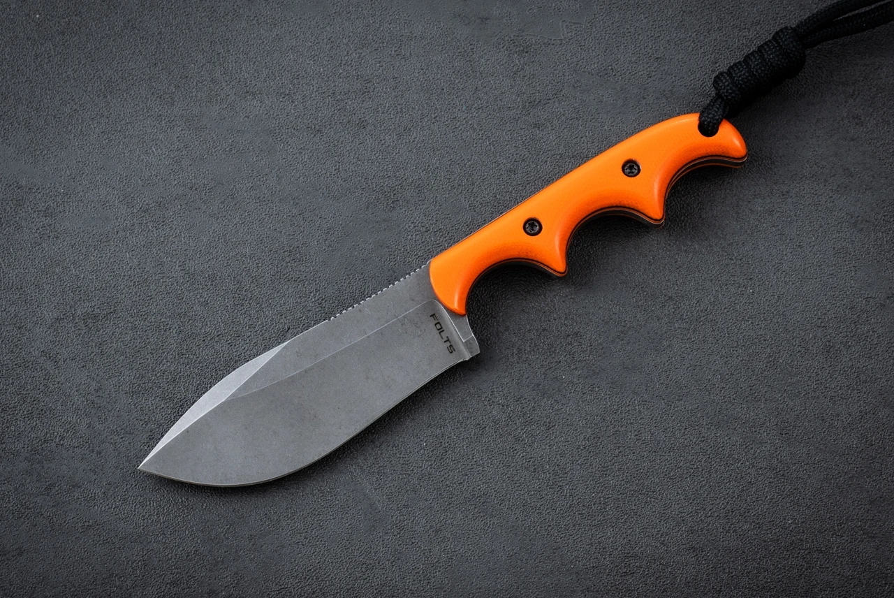 Alan Folts Minimalist Fixed Blade Knife Nessmuk Tumbled w/ Orange G-10 Handle and Sheath