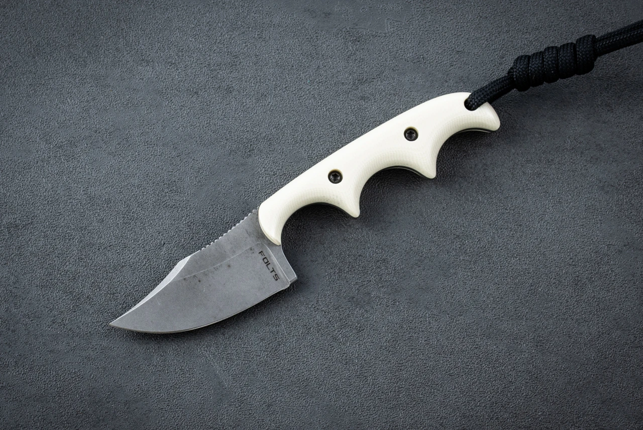 Alan Folts Minimalist Fixed Blade Knife Bowie Tumbled w/ Ivory G-10 Handle and Sheath