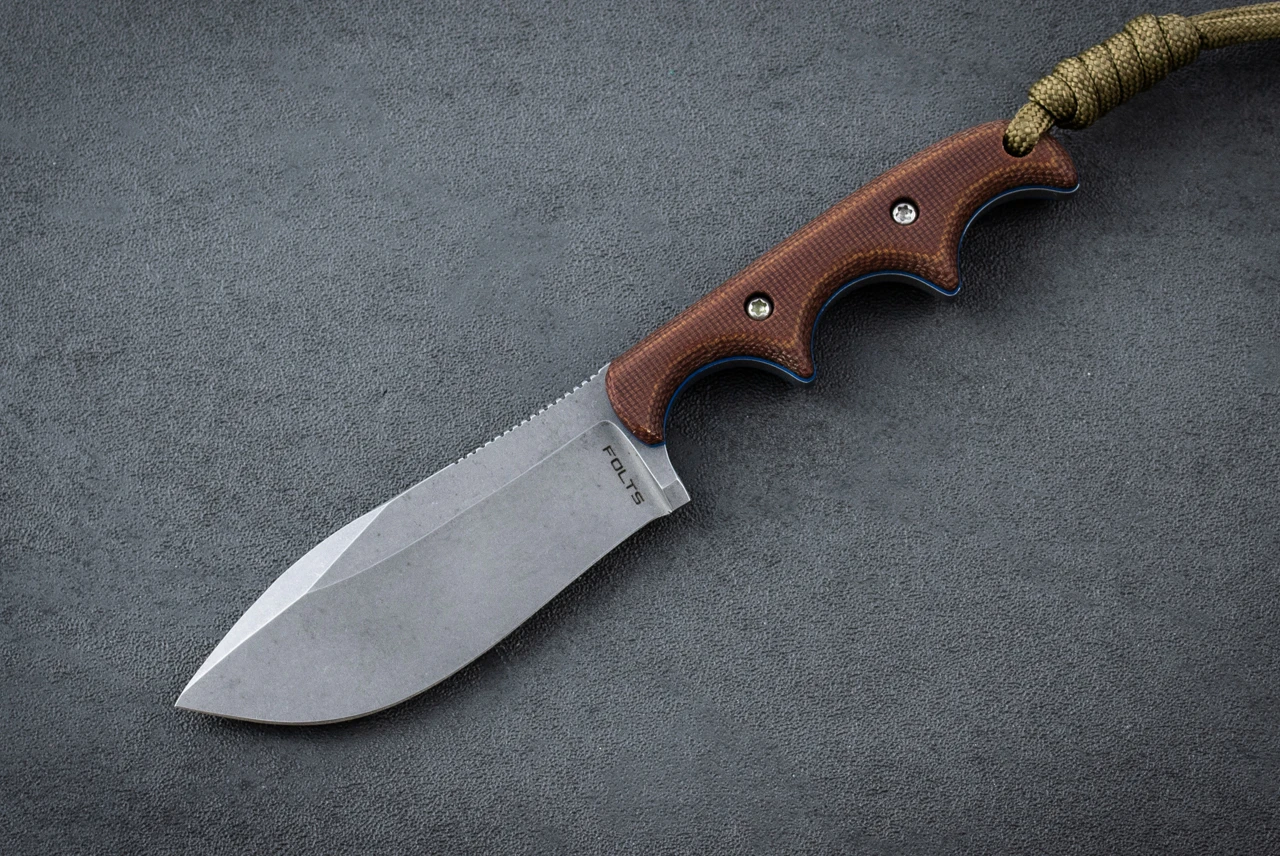 Alan Folts Minimalist Fixed Blade Knife Nessmuk Tumbled w/ Natural Micarta Handle and Leather Holtex