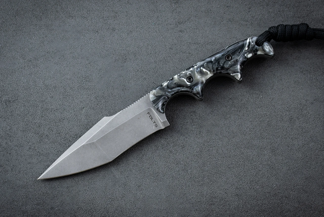 Alan Folts Minimalist Fixed Blade Knife Neo Tanto Tumbled w/ Black / Gray Acrylic Handle and Kydex