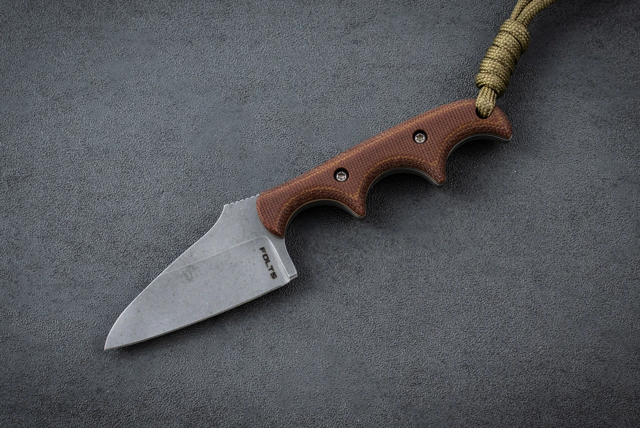 Alan Folts Minimalist Fixed Blade Knife Modified Wharncliffe Tumbled w/ Natural Micarta Handle and Leather Holstex