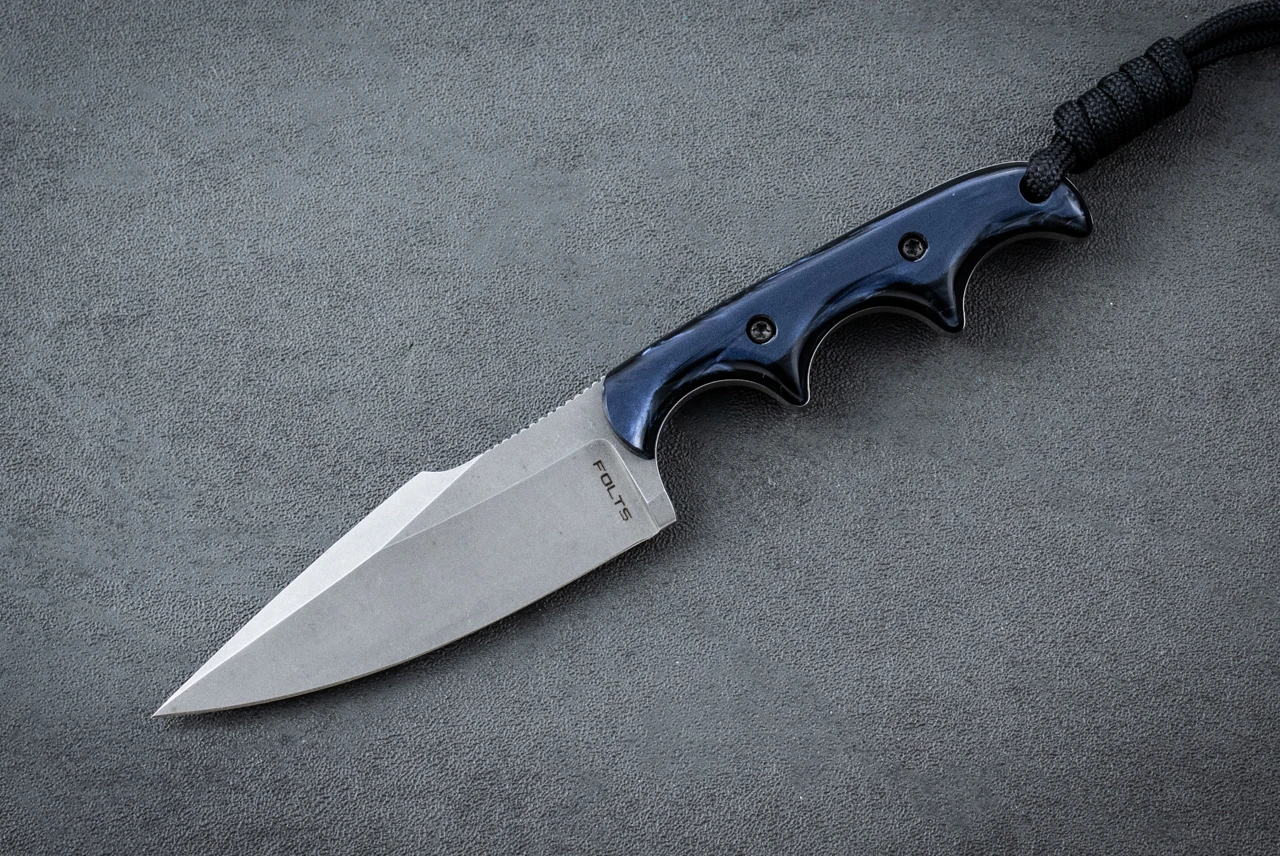 Alan Folts Personal Minimalist Fixed Blade Knife Harpoon Tumbled w/ Blue Kirinite Handle and Kydex