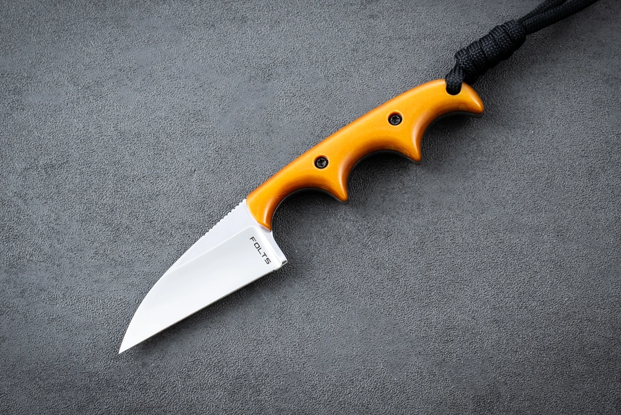 Alan Folts Minimalist Fixed Blade Knife Wharncliffe Polished w/ Antique Butterscotch Handle and Leather Holstex