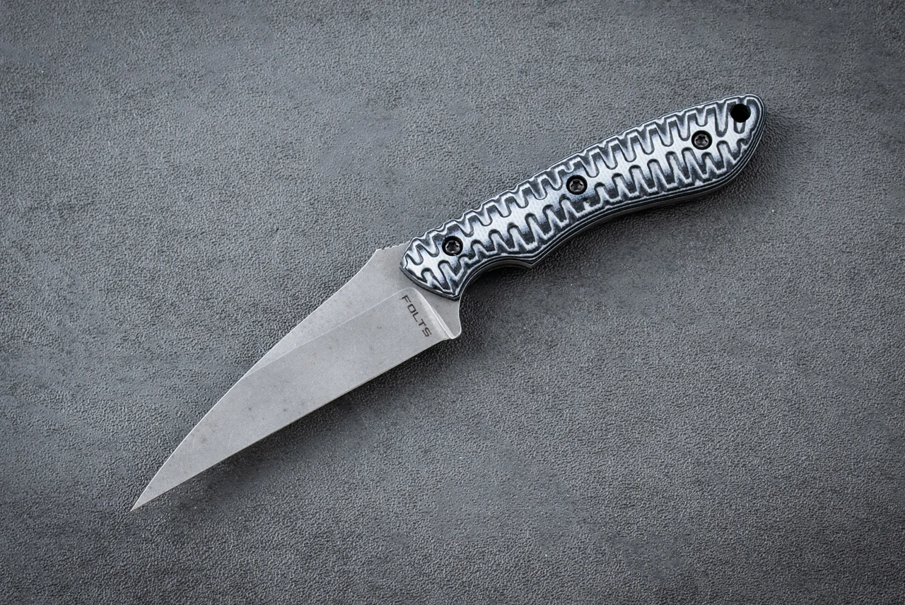 Alan Folts S.P.E.W. Small Pocket Everyday Wharncliffe Fixed Blade Tumbled w/ Black / Gray G-10 Handle and Kydex