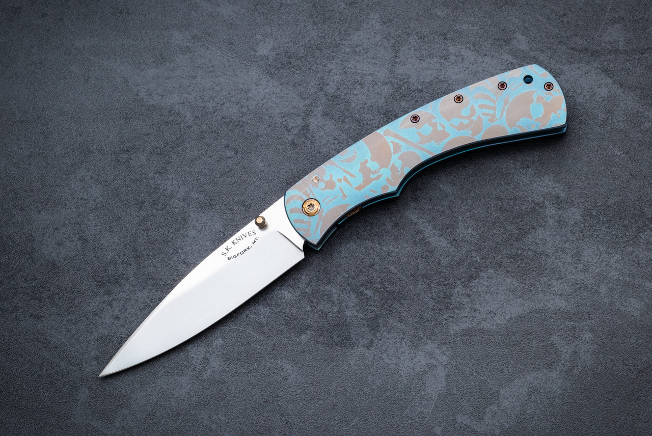 SK Knives Custom Lightspeed Frame Lock Folder Satin Blade w/ Titanium Skull Pattern Handle 
