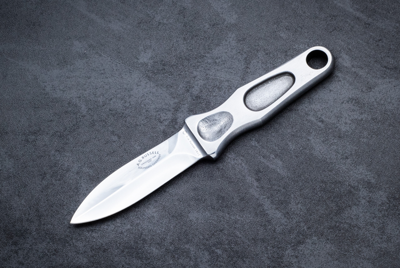 A.G. Russell 1977 Sting Boot Knife Polished Blade w/ Satin Handle and Leather Sheath