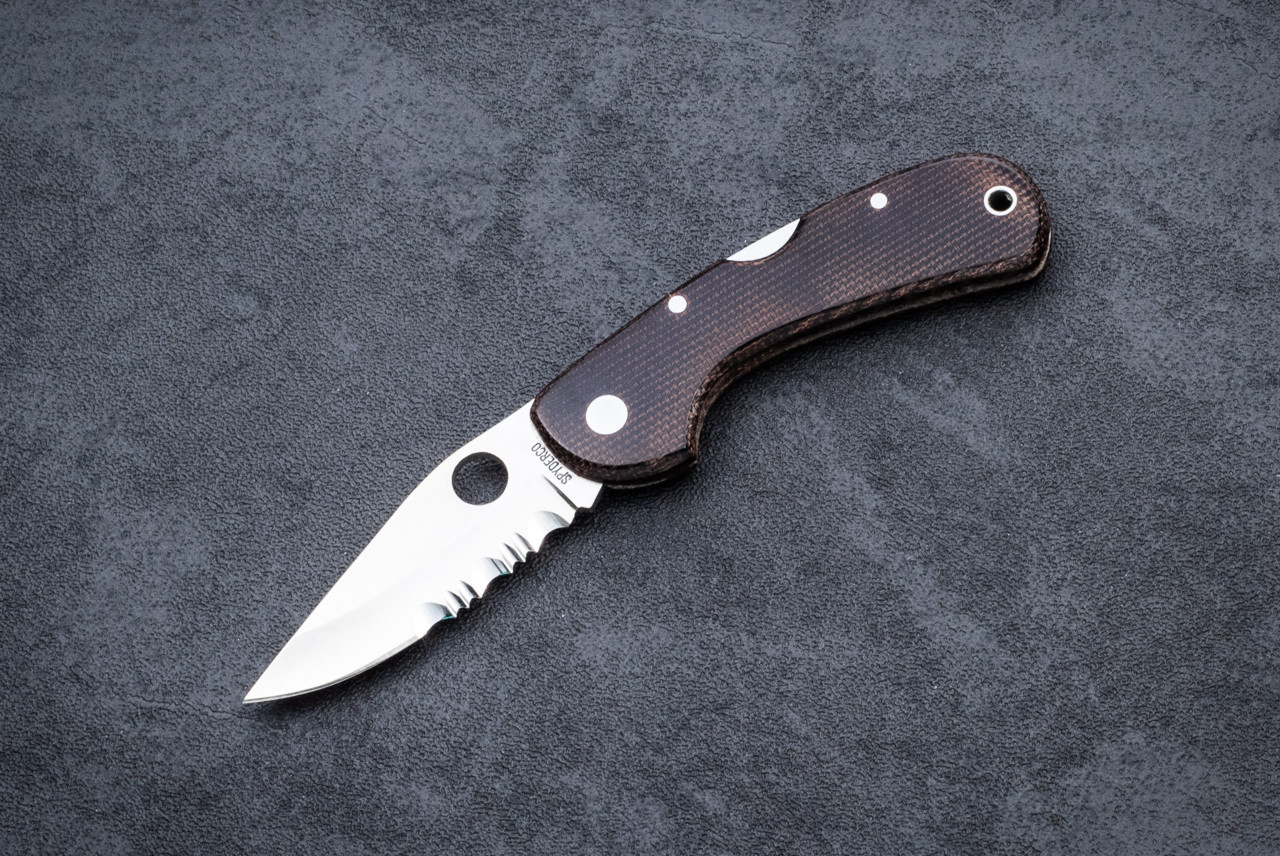 Spyderco Knives C20 Baby Goddard Folding Knife Partially Serrated Satin Blade w/ Brown Micarta Handles