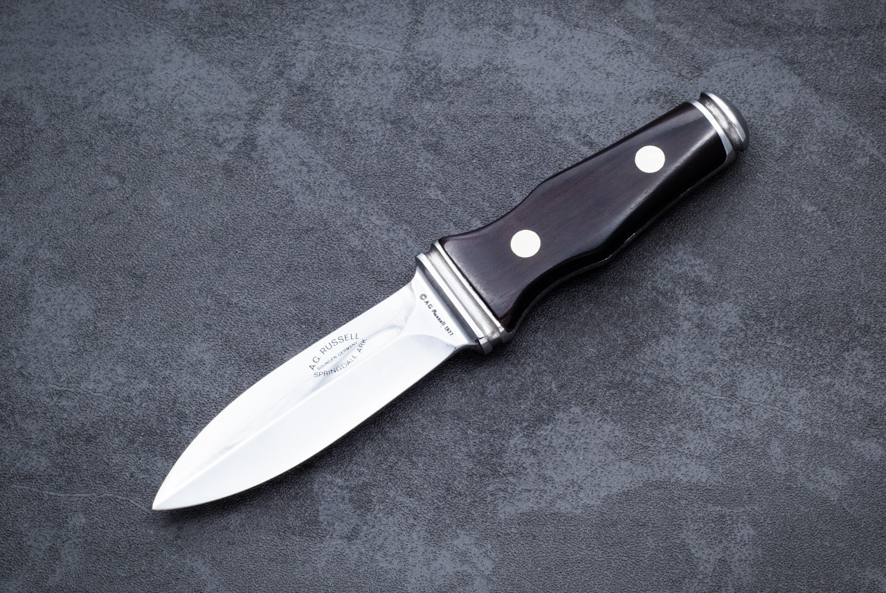 A.G. Russell 1977 Sting Boot Knife Polished Blade w/ Rosewood Handle and Leather Sheath
