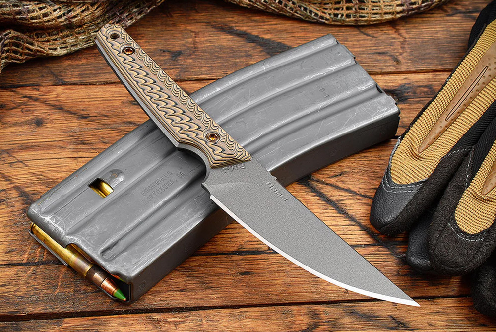 RMJ Tactical Unmei Fixed Blade Knife Tungsten Cerakote Blade w/ Hyena Brown G-10 Handle and Sheath - OPEN BOX FINAL SALE