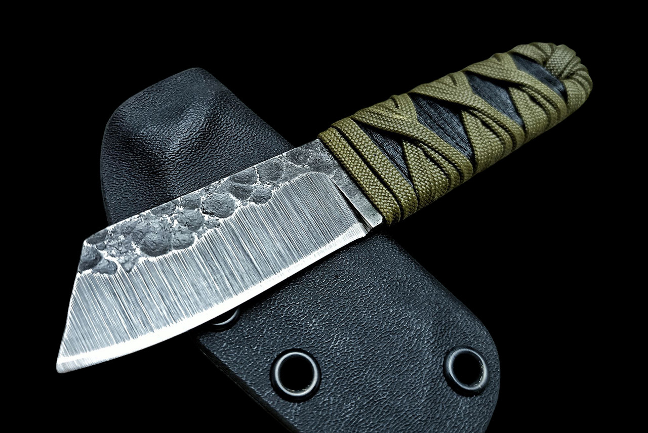 Ecos Knives 6" Custom Reverse Tanto Fixed Blade with Black & Green Paracord Wrap
