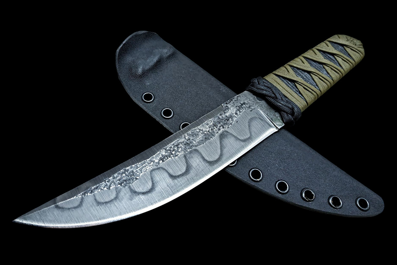 Ecos Knives 12" Custom Hamon Kwaiken Fixed Blade with Coyote Brown Paracord Turks Head Wrap