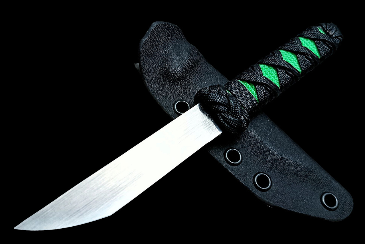 Ecos Knives 8" Custom Tanto Fixed Blade with Neon & Black Paracord Turks Head Wrap