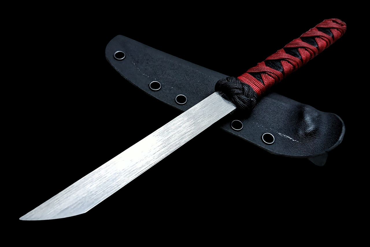 Ecos Knives 10" Custom Tanto Fixed Blade with Red Paracord Turks Head Wrap