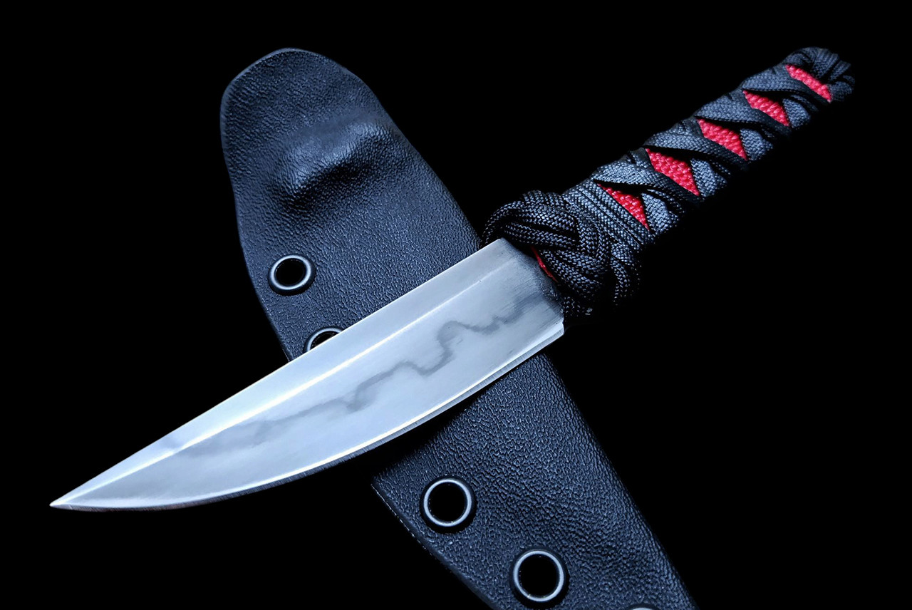 Ecos Knives 8" Custom Hamon Kwaiken Fixed Blade Red Stingray Handle with Black Paracord & Turks Head