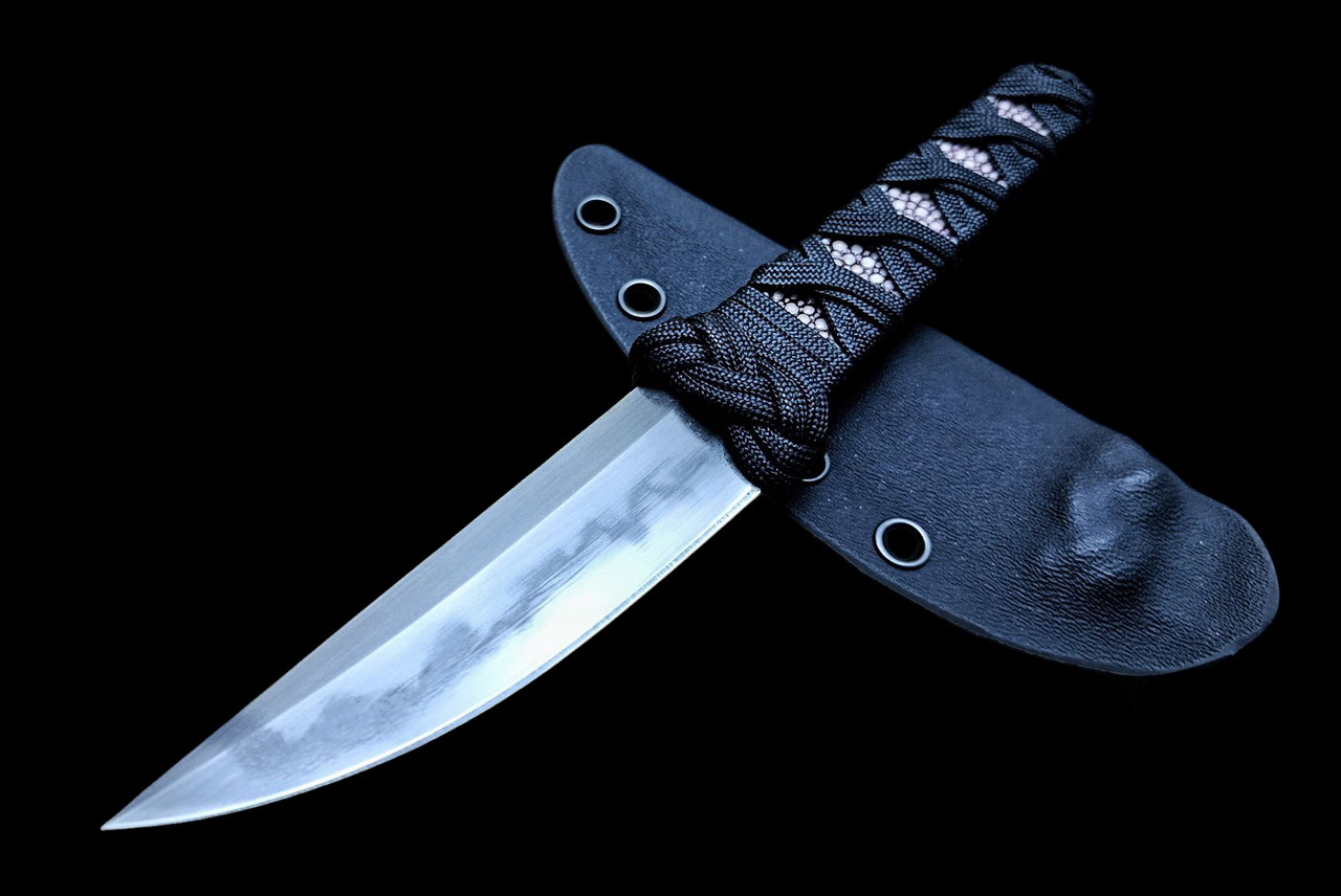 Ecos Knives 8" Custom Hamon Kwaiken Fixed Blade Bone Stingray Handle with Black Paracord & Turks Head