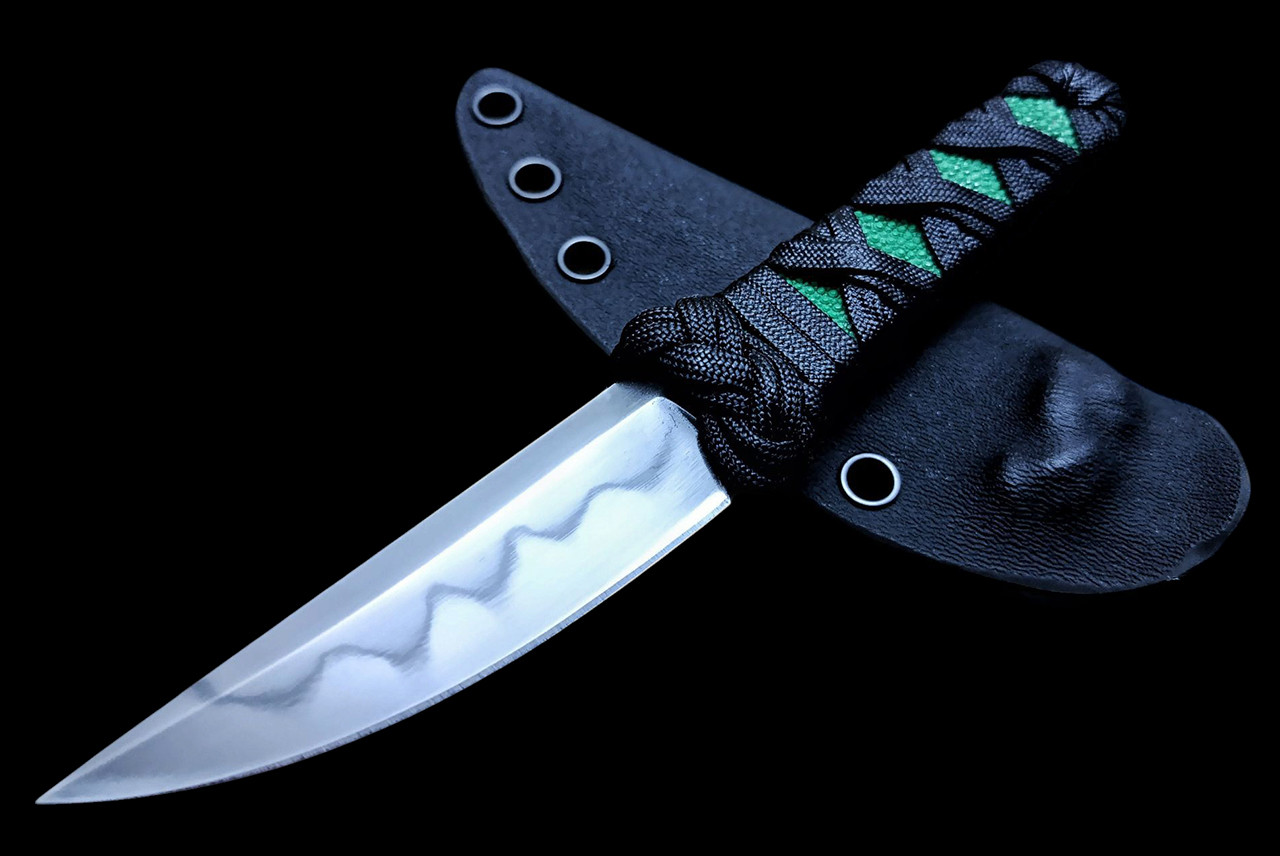 Ecos Knives 7" Custom Hamon Kwaiken Fixed Blade Green Stingray Handle with Black Paracord & Turks Head
