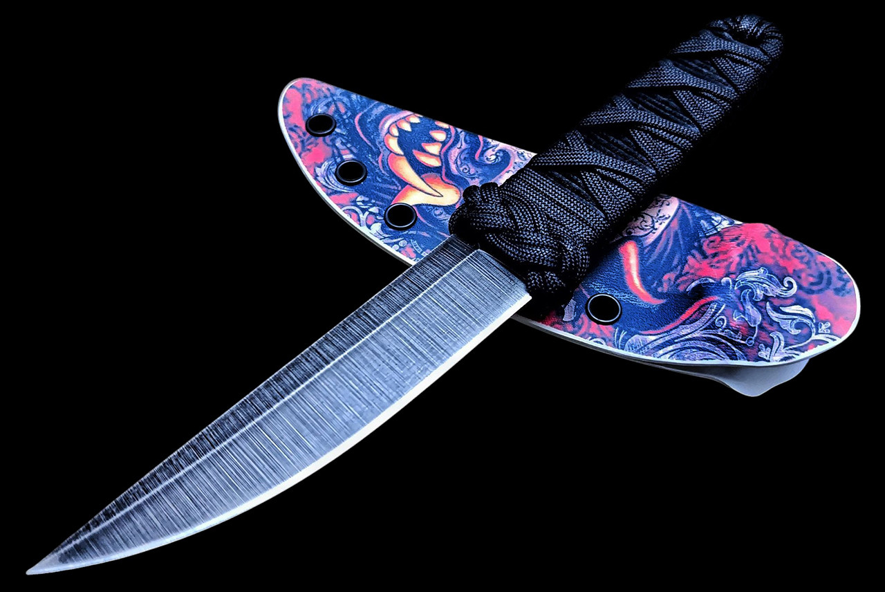 Ecos Knives 9" Custom Kwaiken Fixed Blade Black Paracord & Turks Head Hannya Sheath