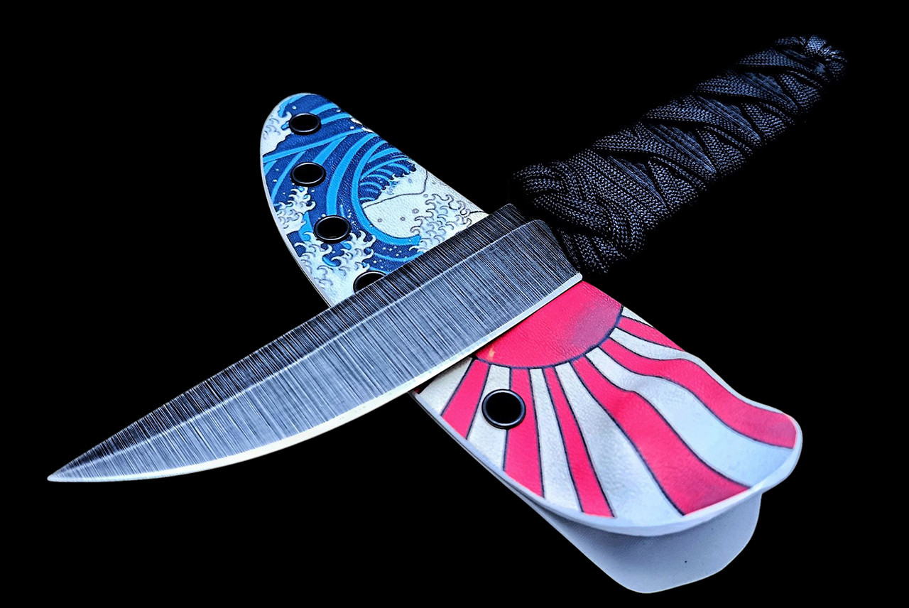 Ecos Knives 9" Custom Kwaiken Fixed Blade Blue & Black Paracord - Turks Head The Great Wave heath