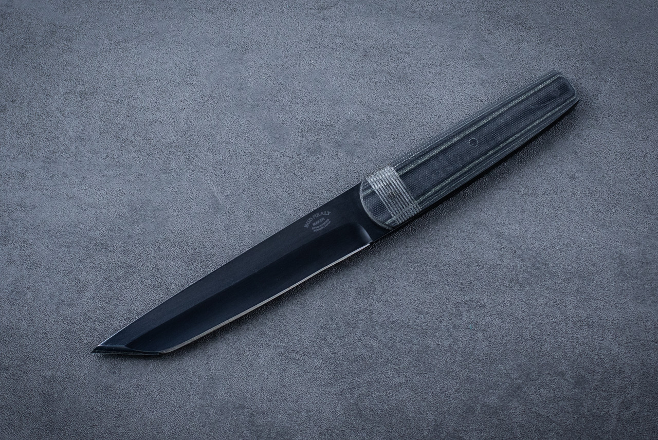 Bud Nealy Custom Aikuchi Fixed Blade Knife Black Blade w/ Black Micarta Handles and Leather Sheath