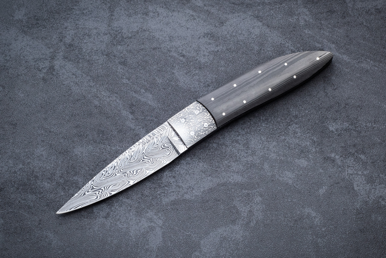 Bud Nealy Custom Fixed Blade Knife Damascus Blade and Bolsters w/ Carbon Fiber Crosscut Handles and Sheath