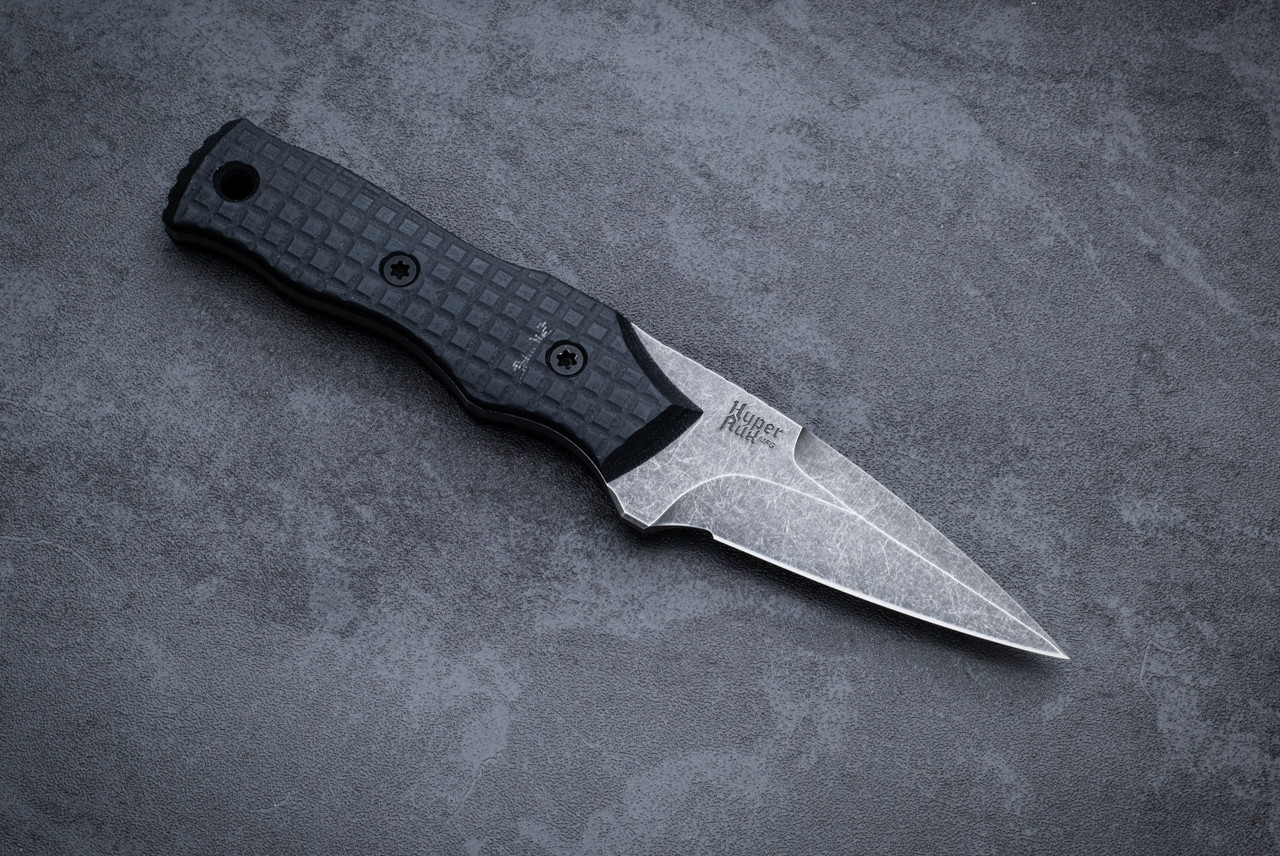 Auxiliary Mfg x Hypercut Mfg Collab Sgian Dubh Fixed Blade Knife Black Stonewash w/ Grenade Black G-10 Handle and Sheath