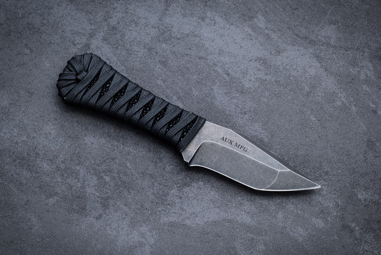 Auxiliary Manufacturing Coffin Tanto Fixed Blade Knife Black Stonewash w/ Black Stingray / Black Paracord Wrapped Handle and Sheath