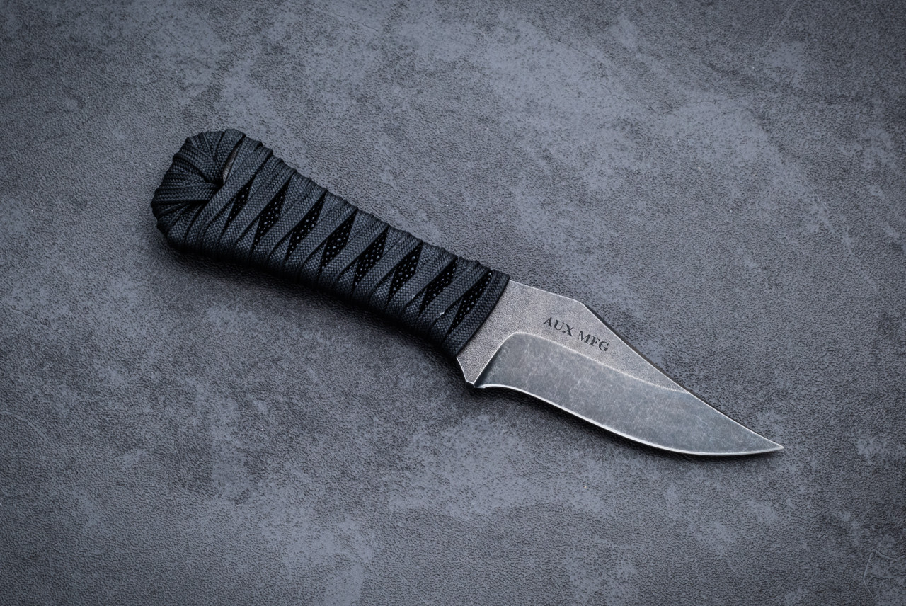 Auxiliary Manufacturing Pocket Bowie Slim Fixed Blade Knife Black Stonewash w/ Black Stingray / Black Paracord Wrapped Handle and Sheath