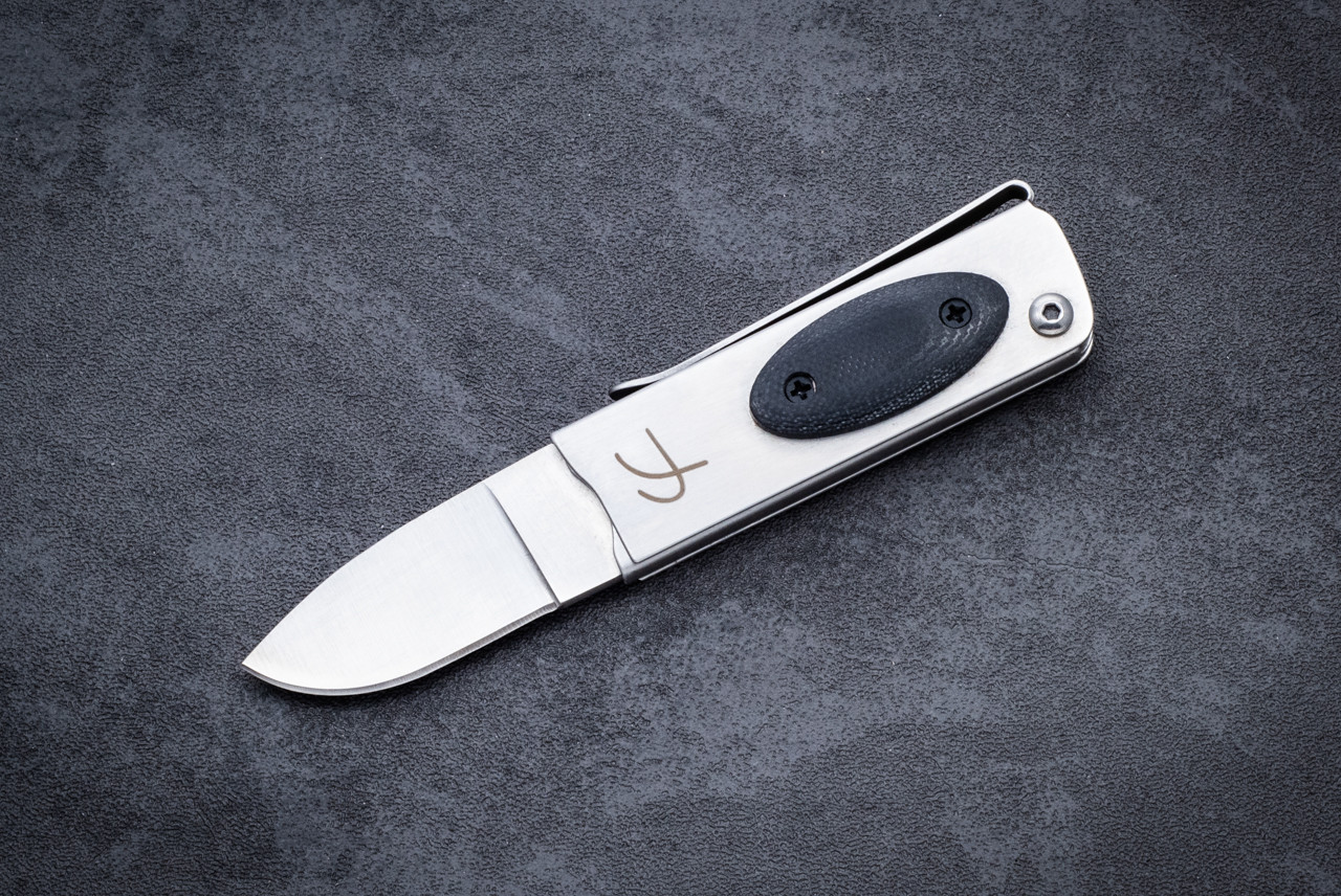Fred Perrin Le Pititri Tri-Folder Friction Lock Folding Pocket Knife Satin Blade w/ Stainless Steel Handle Onlay Black Micarta and Pouch - FRDMK114PM