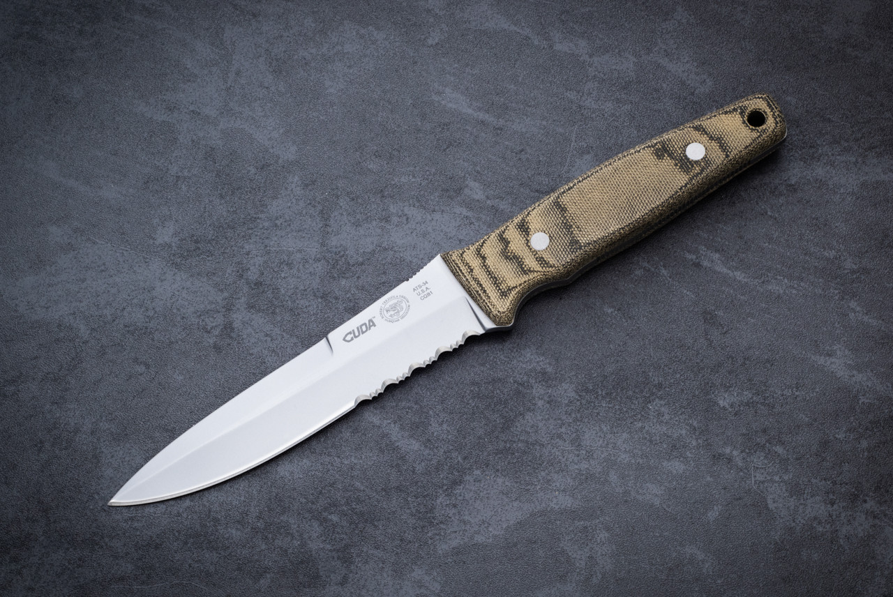 Camillus Cutlery Cuda CQB1 Fixed Blade Knife Bead Blast Partially Serrated w/ Black / Green Micarta Handle and Sheath