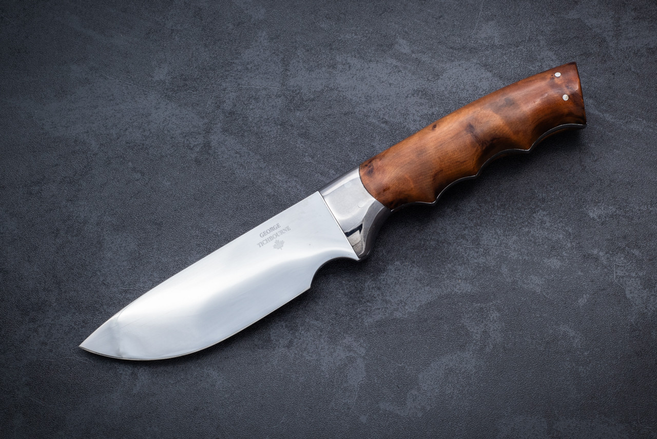 George Tichbourne Elk Hunter Fixed Blade Knife Polished w/ Burl Wood Handle