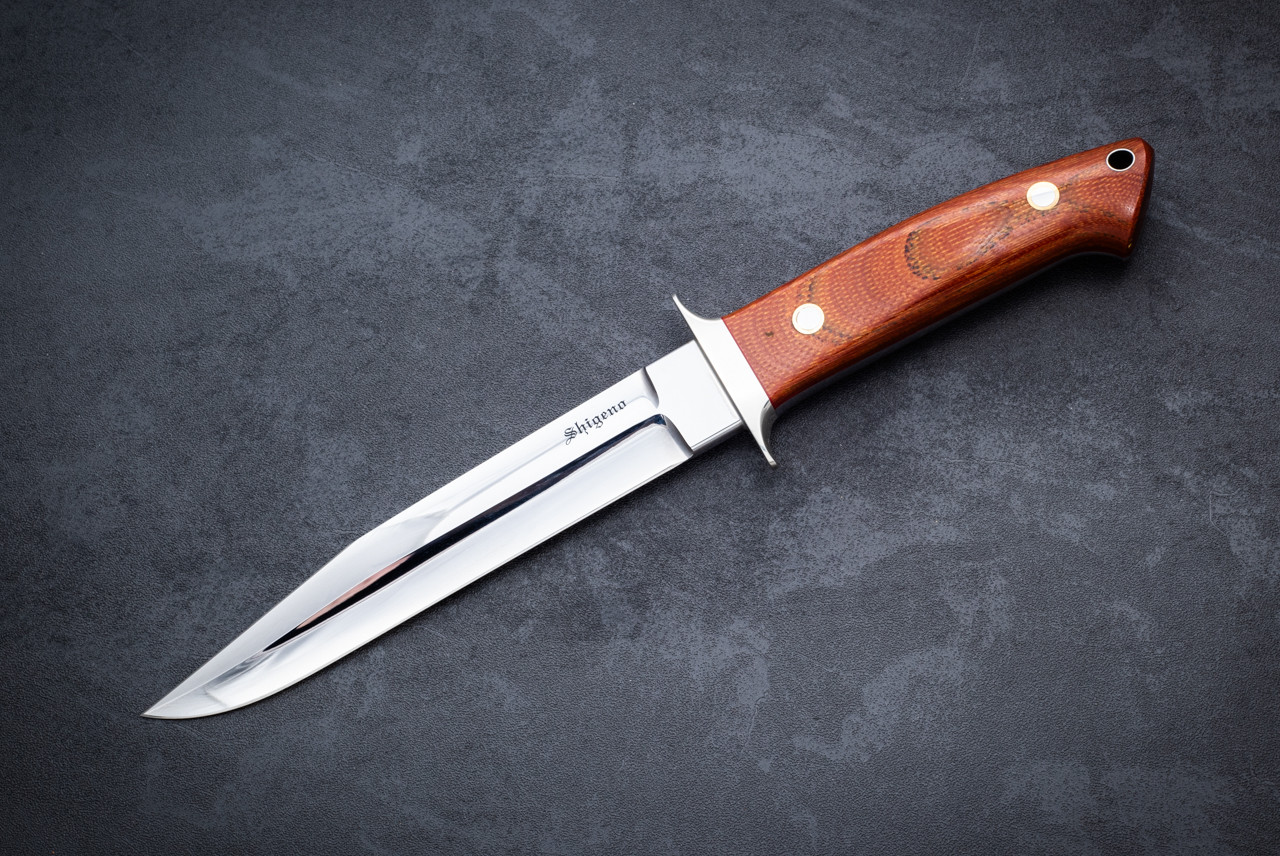  Mamoru Shigeno Loveless Style Chute Knife Polished Blade w/ Natural Micarta Handle and Leather Sheath