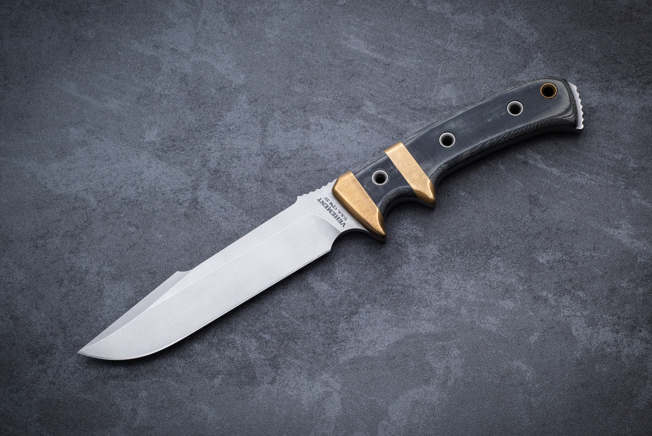  Vehement Knives x Kopis Designs Collab Oxus #06 Fixed Blade Knife Stonewash w/ Black Micarta Brass Handle and Leather Sheath