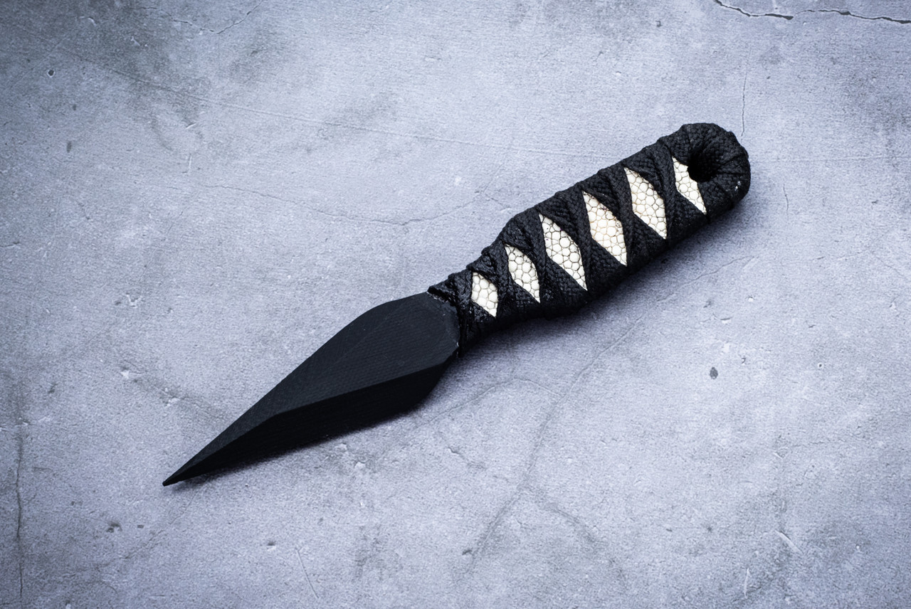 Revenant Corps Small Shanghai Dagger Fixed Blade Knife Black G-10 Wrapped Cord White Rayskin Handle w/ Sheath and Clip