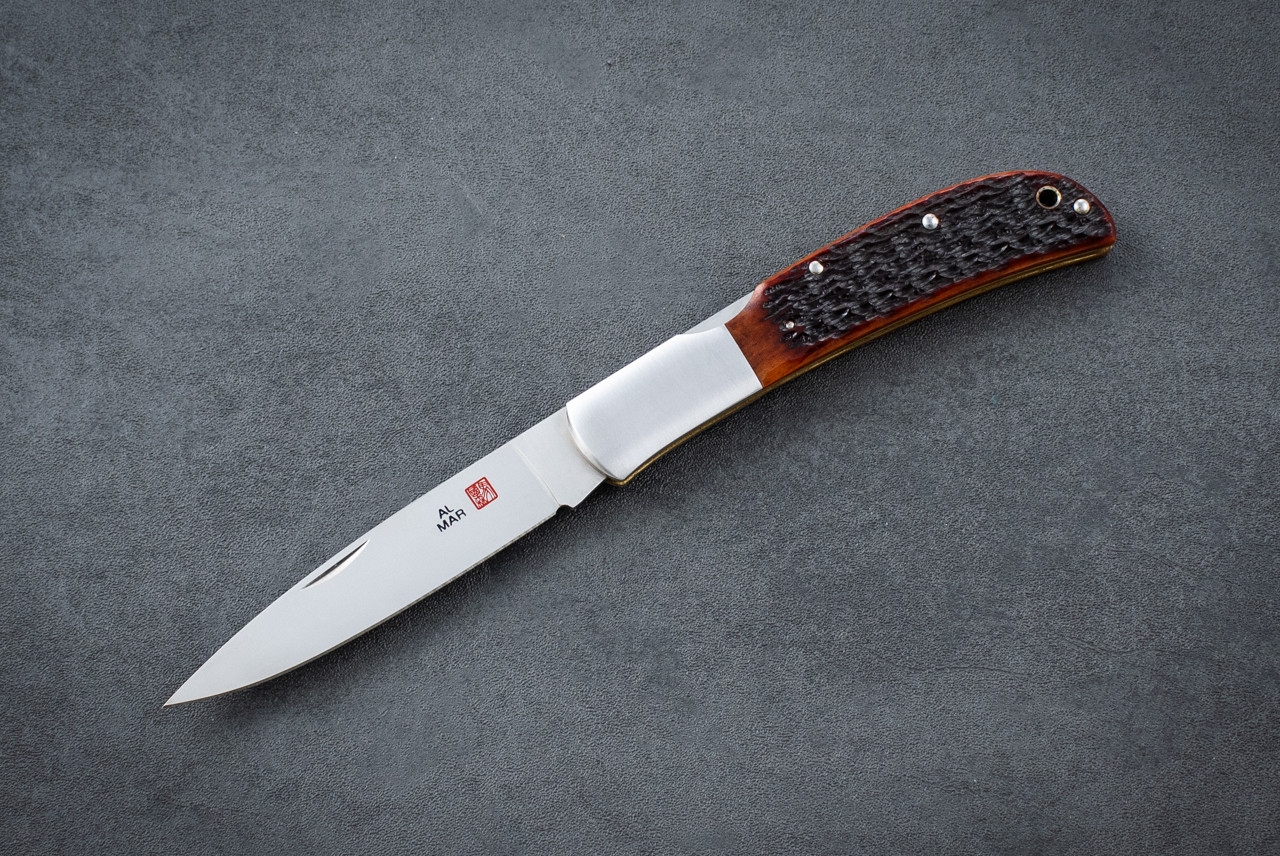 Al Mar Knives Eagle Classic Folding Knife Satin Blade w/ Honey Jig Bone Handle and Leather Pouch -  1005HJB