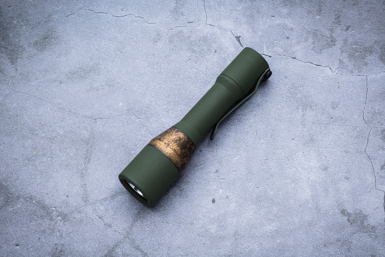 CWF Custom Flashlights Mini Turbo Outdoor Collection Forest Green Titanium  / Brass