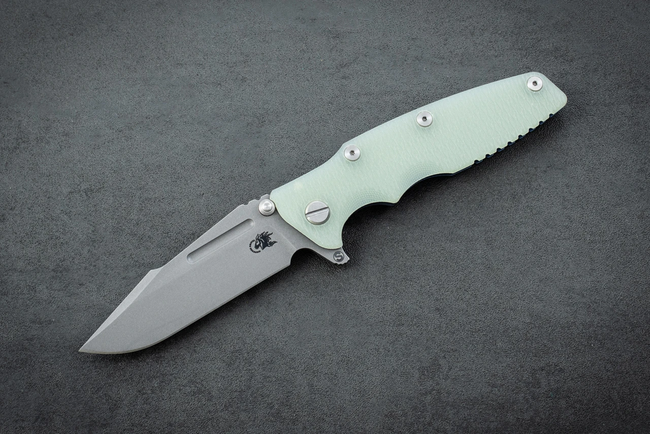 Rick Hinderer Knives Eklipse 3.5" Skinny Fullered Harpoon Spearpoint MagnaCut Working Finish Blade w/ Battle Blue Frame Lock and Translucent Green G-10 Handle