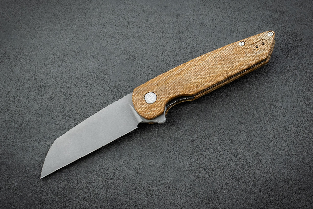 American Bladeworks Model 2 Flipper Liner Lock Knife MaganCut Stonewash Blade w/ Brown Micarta Handle