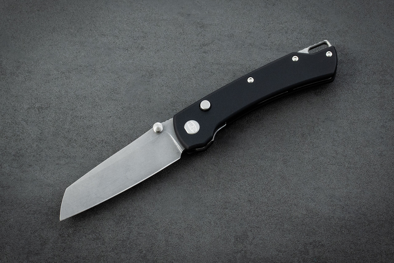 American Bladeworks Model 3 Button Actuated Liner Lock Knife MaganCut Stonewash Blade w/ Black Aluminum Handle