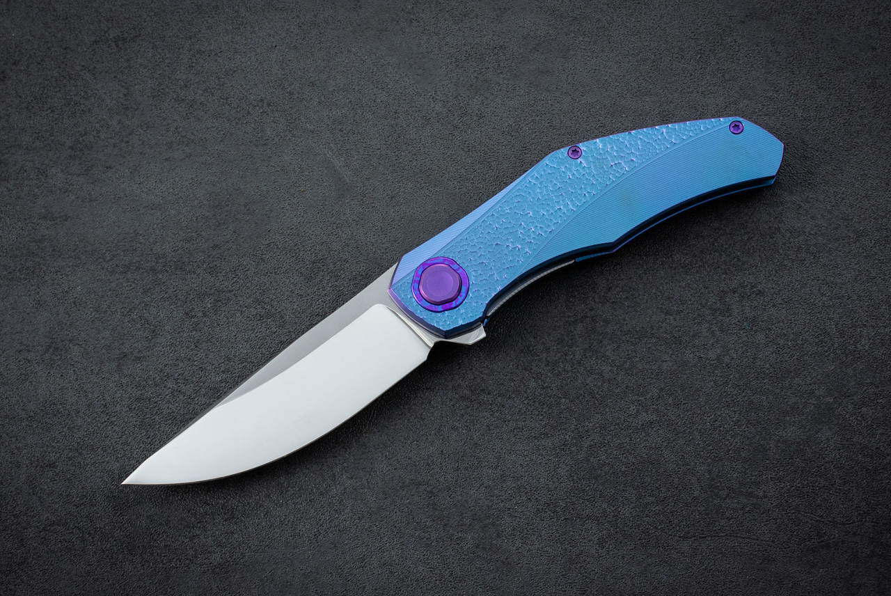 Holt Bladeworks Custom Renegade #311 Liner Lock Flipper Knife Polished M390 Blade w/ Blue Hammered Titanium Handles and Timascus Collar