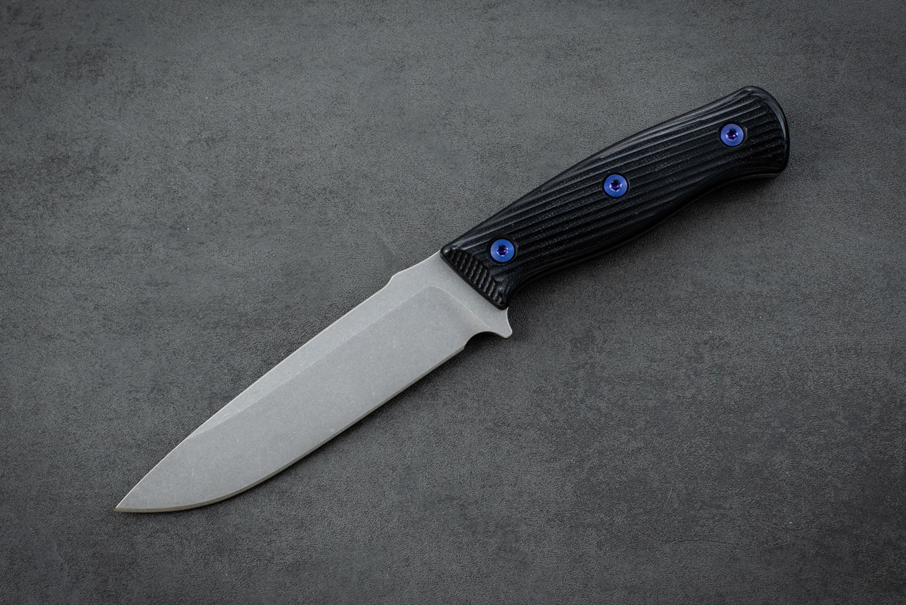 Carothers Performance Knives Basic 5" Field Knife CruWear Stonewash Blade w/ Double Black Canvas Micarta Handle and Purple Titanium Hardware