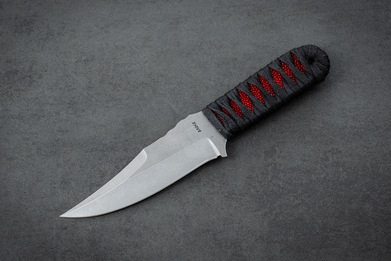 Ken Brock Jo Watson Design Alamo Fixed Blade Knife CPM-3V Stonewash w/ Japanese Wrap Black Cord Red Rayskin Handle and Sheath