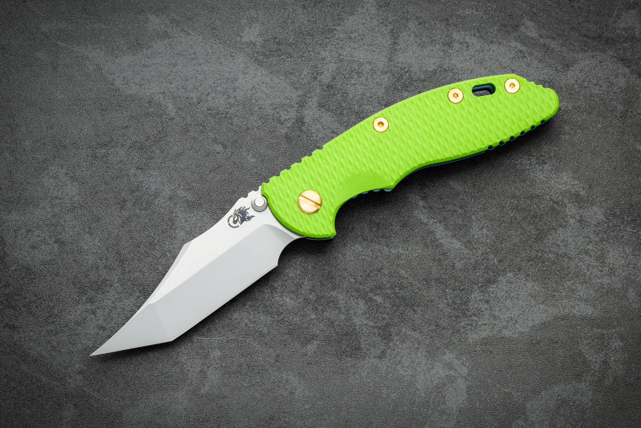 Rick Hinderer Knives XM-18 3.5" Aggressor Non-Flipper MagnaCut 2-Tone Blade w/ Bead Blast Blue Textured Frame Lock and Lime  G-10 Handle